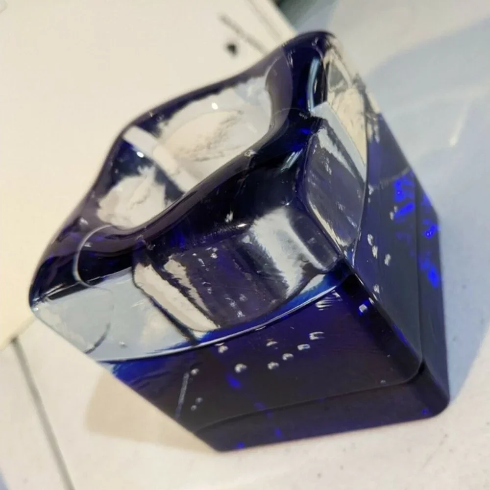 Heavy Art Glass Cobalt Blue Clear Votive Candle Holder Square Paper Clip Weight